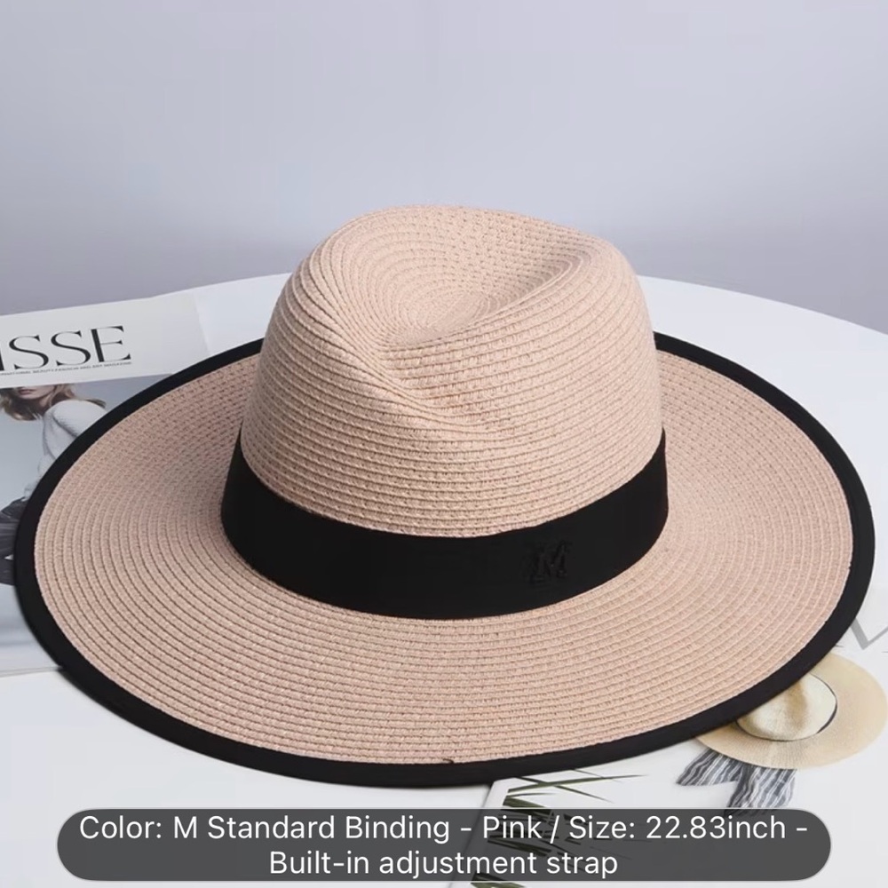 Classic Wide-Brim Pink Straw Sun Hat with Black Band